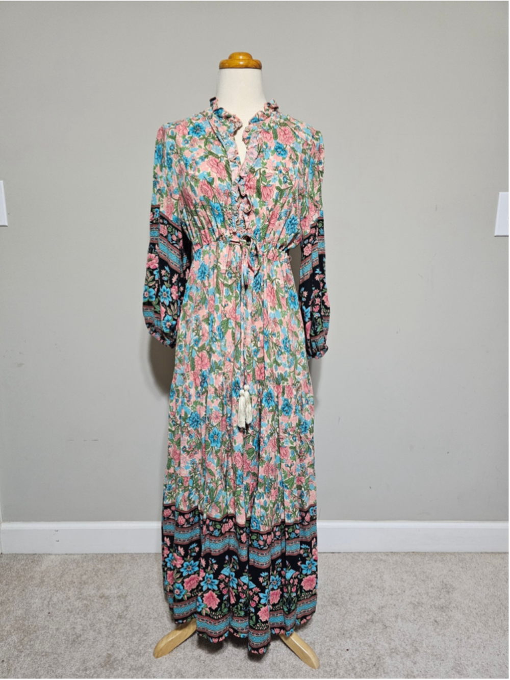 Three Bird Nest Boho Floral Maxi Dress Size L Pink Blue Tiered